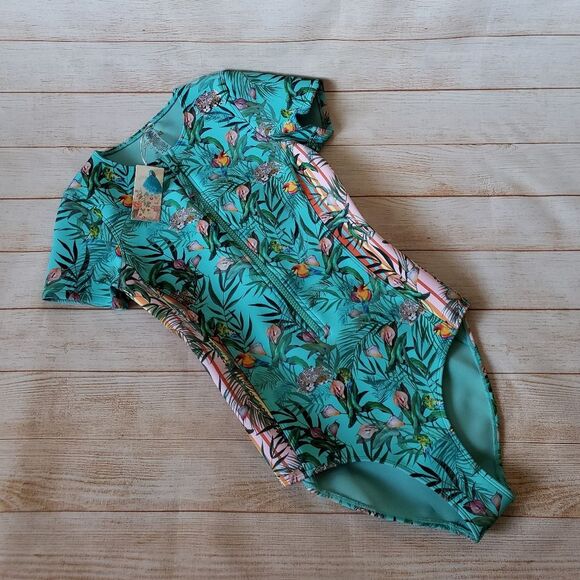 Johnny Was Taina Animal Tropical Neoprene Short Sleeve One-Piece Swimsuit Small - Picture 4 of 13